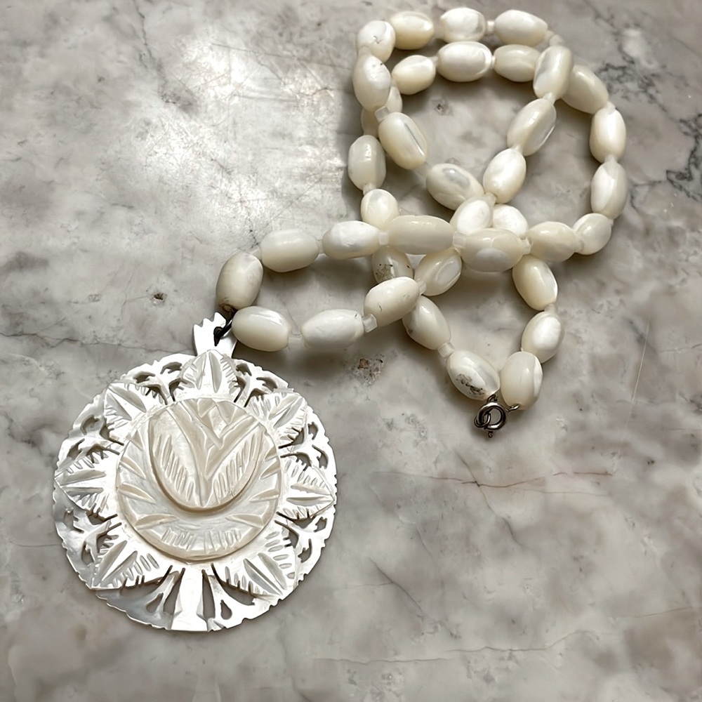 Large Vintage Mother of Pearl Flower Necklace Hand Carved Shell Filigree Pendant